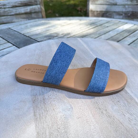Lauren Conrad Womens Sunstone Slip On Sandals Blue Denim Brown Size 8 New - Picture 9 of 13